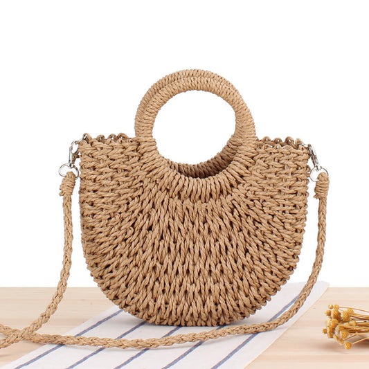 Vintage Coin Buckle Ručna torba: Pletena Cotton Rope with Round Rattan Ručka and Diamond Hollow Pattern